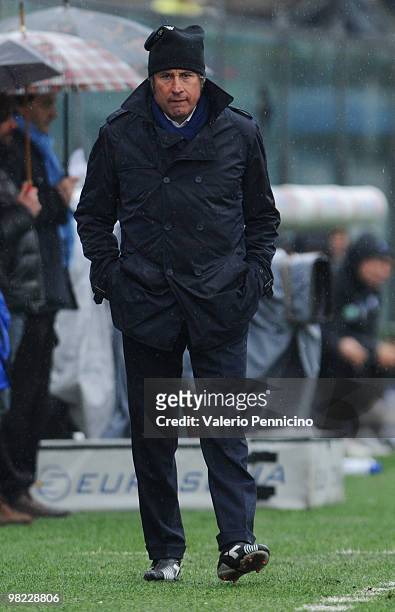Siena head coach Alberto Malesani watches the action during the Serie A match between Atalanta BC and AC Siena at Stadio Atleti Azzurri d'Italia on...