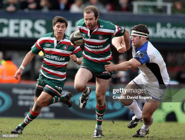 Geordan Murphy of Leicester moves away from Nathan Catt during the Guinness Premiership match between Leicester Tigers and Bath at Welford Road on...