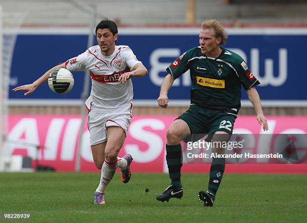 Ciprian Marica of Stuttgart battles for the ball with Tobias Levels of Gladbach during the Bundesliga match between VfB Stuttgart and Borussia...