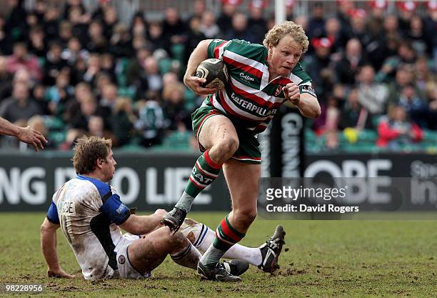 Scott Hamilton of Leicester moves away from Butch James during the Guinness Premiership match between Leicester Tigers and Bath at Welford Road on...