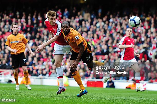 Nicklas Bendtner of Arsenal scores a late winner during the Barclays Premier League match between Arsenal and Wolverhampton Wanderers at the Emirates...