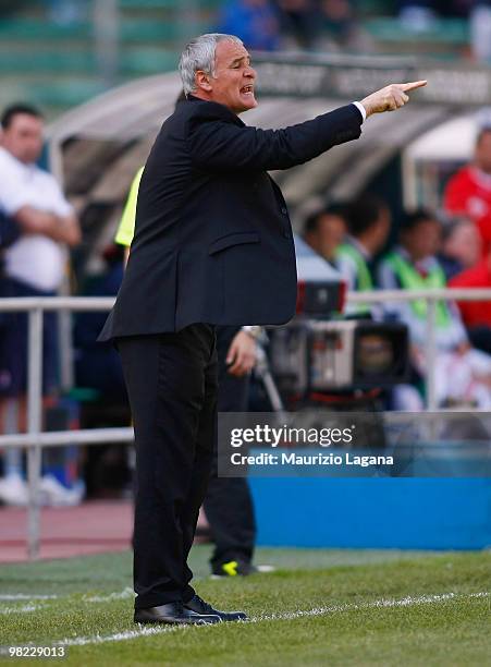 Claudio Ranieri coach of AS Roma gestures during the Serie A match between AS Bari and AS Roma at Stadio San Nicola on April 3, 2010 in Bari, Italy.