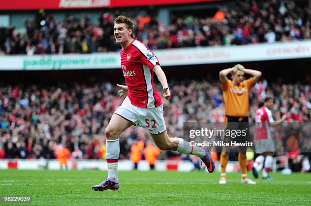 Nicklas Bendtner of Arsenal celebrates scoring a late winner during the Barclays Premier League match between Arsenal and Wolverhampton Wanderers at...