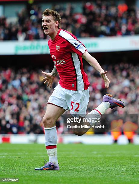 Nicklas Bendtner of Arsenal celebrates scoring a late winner during the Barclays Premier League match between Arsenal and Wolverhampton Wanderers at...