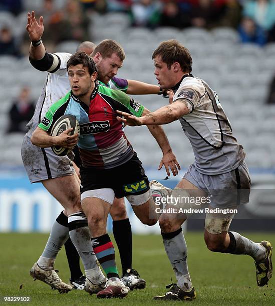 Danny Care of Harlequins takes on the Newcastle defence during the Guinness Premiership match between Harlequins and Newcastle Falcons at The Stoop...