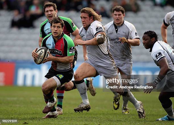 Danny Care of Harlequins takes on the Newcastle defence during the Guinness Premiership match between Harlequins and Newcastle Falcons at The Stoop...