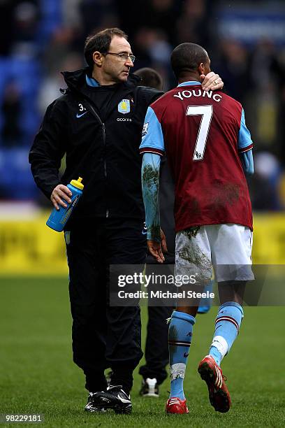 Martin O'Neill the Aston Villa manager with goalscorer Ashley Young after his side's 1-0 victory after the Bolton Wanderers v Aston Villa Barclays...