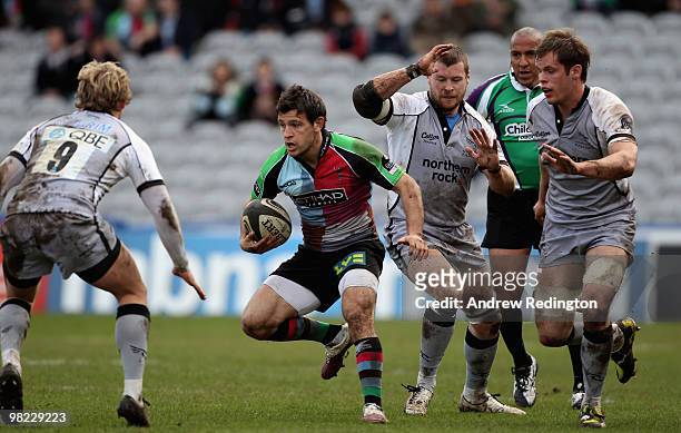 Danny Care of Harlequins takes on the Newcastle defence during the Guinness Premiership match between Harlequins and Newcastle Falcons at The Stoop...