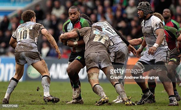Jordan Turner-Hall of Harlequins takes on the Newcastle defence during the Guinness Premiership match between Harlequins and Newcastle Falcons at The...