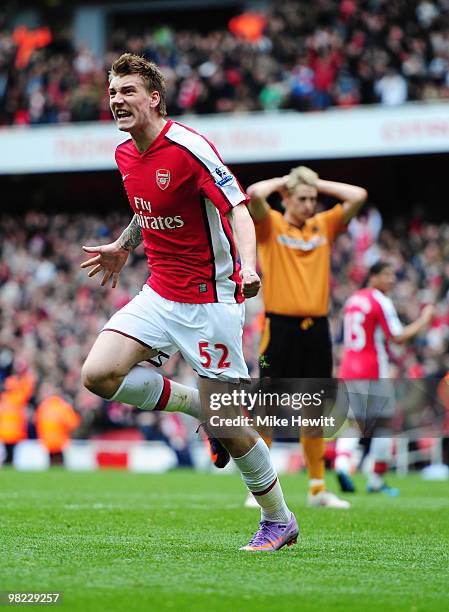 Nicklas Bendtner of Arsenal celebrates scoring a late winner during the Barclays Premier League match between Arsenal and Wolverhampton Wanderers at...