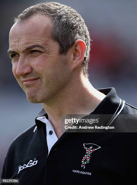 Conor O'Shea, Harlequins coach, during the Guinness Premiership match between Harlequins and Newcastle Falcons at The Stoop on April 3, 2010 in...