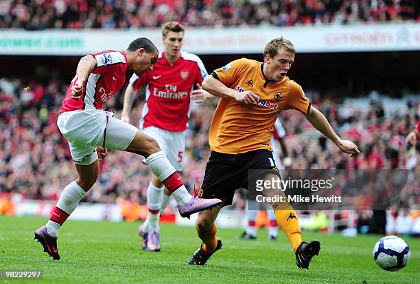 Theo Walcott of Arsenal misses a good chance during the Barclays Premier League match between Arsenal and Wolverhampton Wanderers at the Emirates...