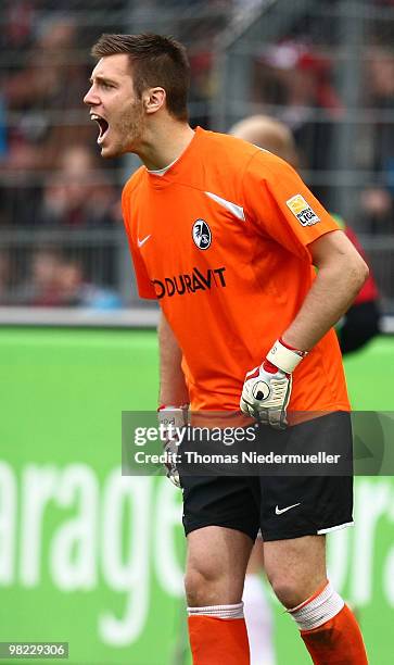 Goalkeeper Simon Pouplin of Freiburg gives advises during the Bundesliga match between SC Freiburg and VfL Bochum at Badenova Stadium on April 3,...