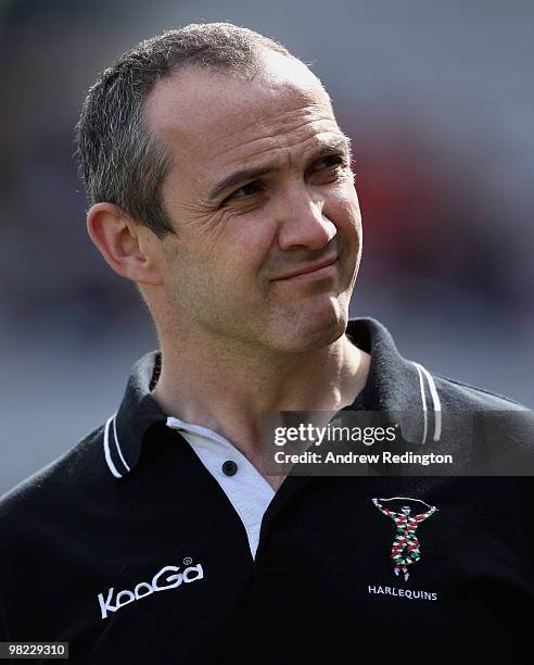 Conor O'Shea, Harlequins coach, during the Guinness Premiership match between Harlequins and Newcastle Falcons at The Stoop on April 3, 2010 in...