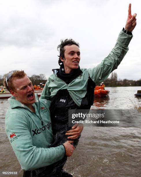Cambridge Cox Ted Randolph celebrates victory after the 156th Oxford and Cambridge University Boat Race on the River Thames on April 3, 2010 in...