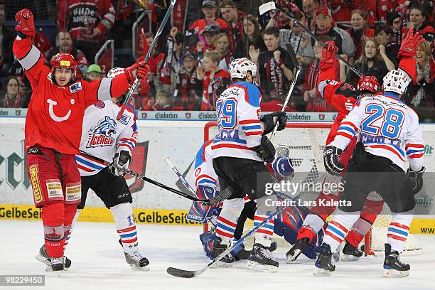 Sachar Blank of Hannover celebrates his first team goal during the third DEL quarter final play-off game between Hannover Scorpions and Thomas Sabo...