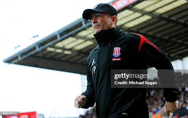 Stoke manager Tony Pulis looks on during the Barclays Premier League match between Stoke City and Hull City at the Britannia Stadium on April 3, 2010...