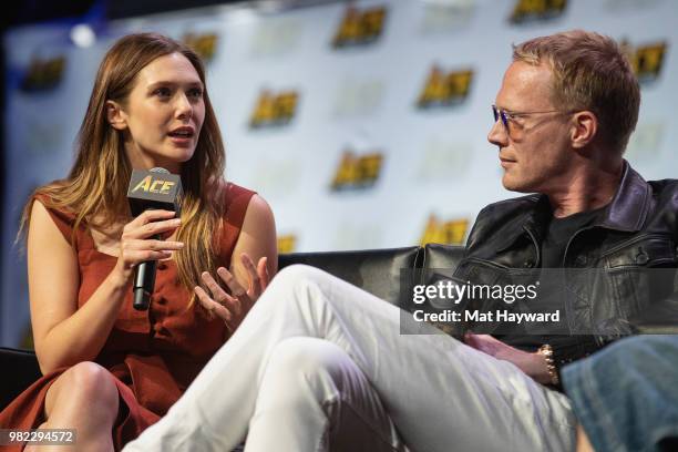 Elizabeth Olsen and Paul Bettany speak on stage during ACE Comic Con at WaMu Theature on June 23, 2018 in Seattle, Washington.