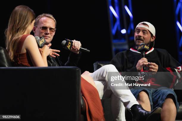 Elizabeth Olsen, Paul Bettany and Kevin Smith speak on stage during ACE Comic Con at WaMu Theature on June 23, 2018 in Seattle, Washington.