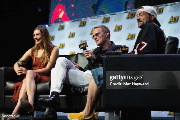 Elizabeth Olsen, Paul Bettany and Kevin Smith speak on stage during ACE Comic Con at WaMu Theature on June 23, 2018 in Seattle, Washington.