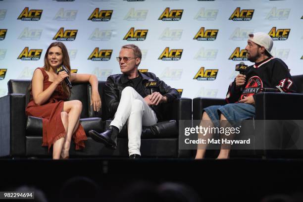 Elizabeth Olsen, Paul Bettany and Kevin Smith speak on stage during ACE Comic Con at WaMu Theature on June 23, 2018 in Seattle, Washington.