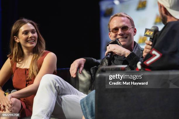 Elizabeth Olsen, Paul Bettany and Kevin Smith speak on stage during ACE Comic Con at WaMu Theature on June 23, 2018 in Seattle, Washington.