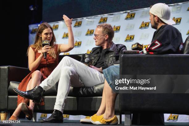 Elizabeth Olsen, Paul Bettany and Kevin Smith speak on stage during ACE Comic Con at WaMu Theature on June 23, 2018 in Seattle, Washington.