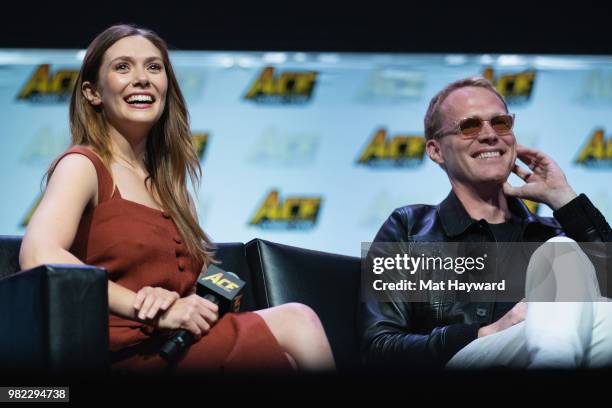 Elizabeth Olsen and Paul Bettany speak on stage during ACE Comic Con at WaMu Theature on June 23, 2018 in Seattle, Washington.