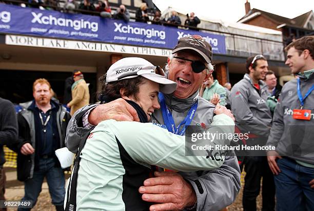 Cambridge Cox Ted Randolph celebrates victory with Chief Coach Chris Nilsson after the 156th Oxford and Cambridge University Boat Race on the River...