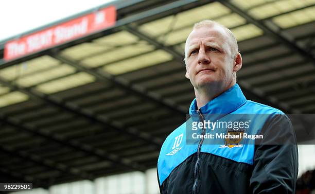 Hull City coach Iain Dowie looks on during the Barclays Premier League match between Stoke City and Hull City at the Britannia Stadium on April 3,...