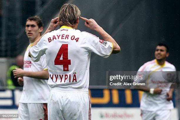 Sami Hyypiae of Leverkusen gestures during the Bundesliga match between Eintracht Frankfurt and Bayer Leverkusen at the Commerzbank Arena on April 3,...