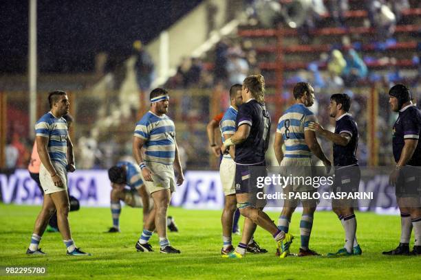 Argentine and Scottish players greet each other at the end of their international test match, at the Centenario stadium, in Resistencia, Chaco...