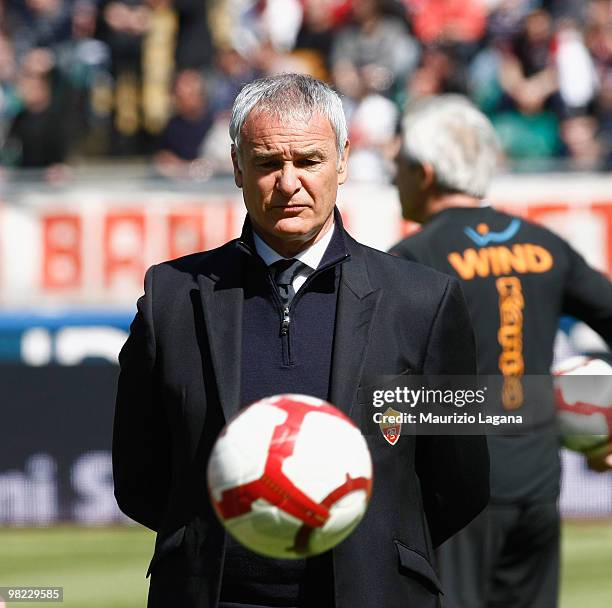 Claudio Ranieri coach of AS Roma watches his players during the warm up before the Serie A match between AS Bari and AS Roma at Stadio San Nicola on...