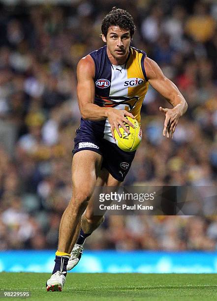 Andrew Embley of the Eagles looks for a pass during the round two AFL match between the West Coast Eagles and Port Adelaide Power at Subiaco Oval on...