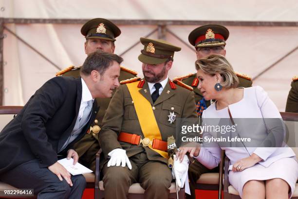 Prime Minister Xavier Bettel, Prince Guillaume of Luxembourg, Grand Duchess Maria Teresa of Luxembourg attend National Day parade on June 23, 2018 in...