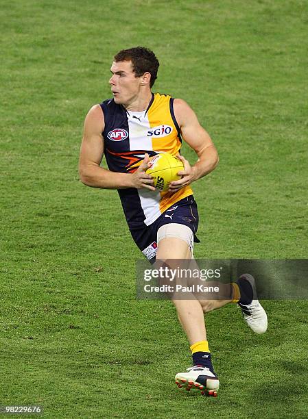 Luke Shuey of the Eagles runs with the ball during the round two AFL match between the West Coast Eagles and Port Adelaide Power at Subiaco Oval on...