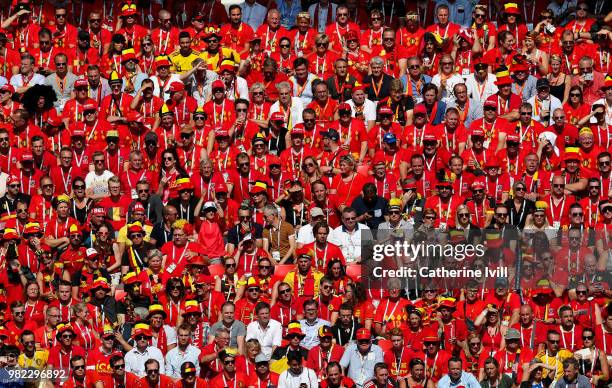 Belgium fans watch during the 2018 FIFA World Cup Russia group G match between Belgium and Tunisia at Spartak Stadium on June 23, 2018 in Moscow,...