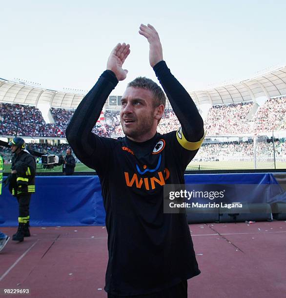 Daniele De Rossi of AS Roma celebrates after the Serie A match between AS Bari and AS Roma at Stadio San Nicola on April 3, 2010 in Bari, Italy.