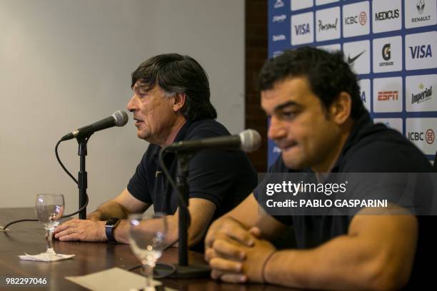 Daniel Hourcade , delivers a press conference after his last match as Argentina's national rugby team head coach, against Scotland, in Resistencia,...