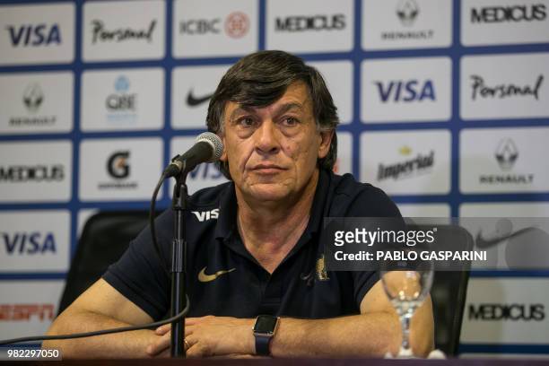 Daniel Hourcade delivers a press conference after his last match as Argentina's national rugby team head coach, against Scotland, in Resistencia,...