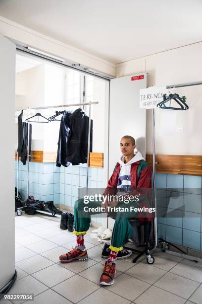 Model poses backstage prior the White Mountaineering Menswear Spring Summer 2019 show as part of Paris Fashion Week on June 23, 2018 in Paris, France.