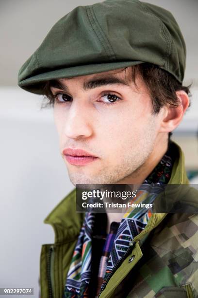 Model poses backstage prior the White Mountaineering Menswear Spring Summer 2019 show as part of Paris Fashion Week on June 23, 2018 in Paris, France.