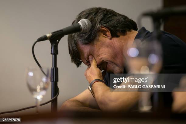 Daniel Hourcade delivers a press conference after his last match as Argentina's national rugby team head coach, against Scotland, in Resistencia,...