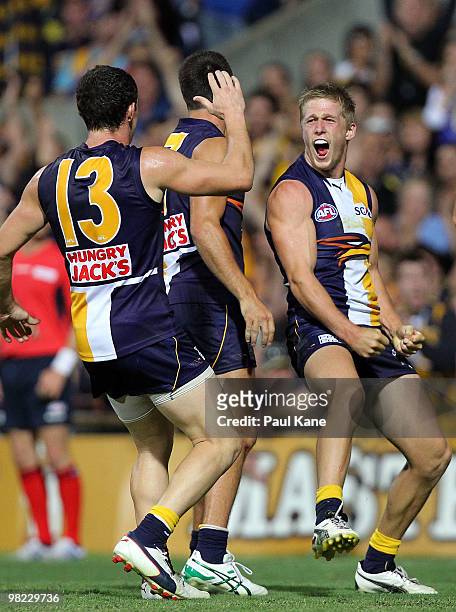 Scott Selwood of the Eagles celebrates after scoring a late goal during the round two AFL match between the West Coast Eagles and Port Adelaide Power...