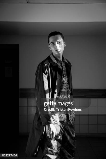 Model poses backstage prior the White Mountaineering Menswear Spring Summer 2019 show as part of Paris Fashion Week on June 23, 2018 in Paris, France.