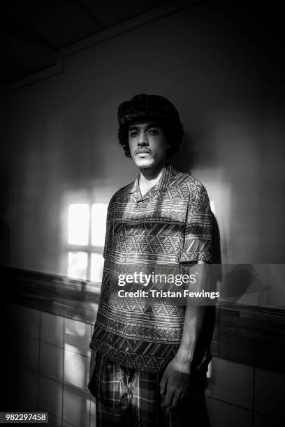 Model poses backstage prior the White Mountaineering Menswear Spring Summer 2019 show as part of Paris Fashion Week on June 23, 2018 in Paris, France.