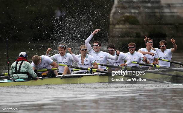 The Cambridge crew celebrate victory during the 156th Oxford and Cambridge University Boat Race on the River Thames on April 3, 2010 in London,...