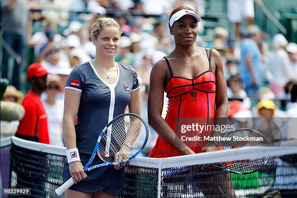 Kim Clijsters of Belgium and Venus Williams of the United States stand at the net prior to their women's final match during the 2010 Sony Ericsson...