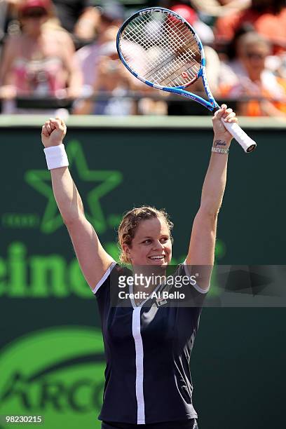 Kim Clijsters of Belgium celebrates after defeating Venus Williams of the United States in straight sets during the women's final of the 2010 Sony...