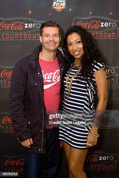 Ryan Seacrest and Melanie Fiona backstage during day 2 of the NCAA 2010 Big Dance Concert Series at White River State Park on April 3, 2010 in...